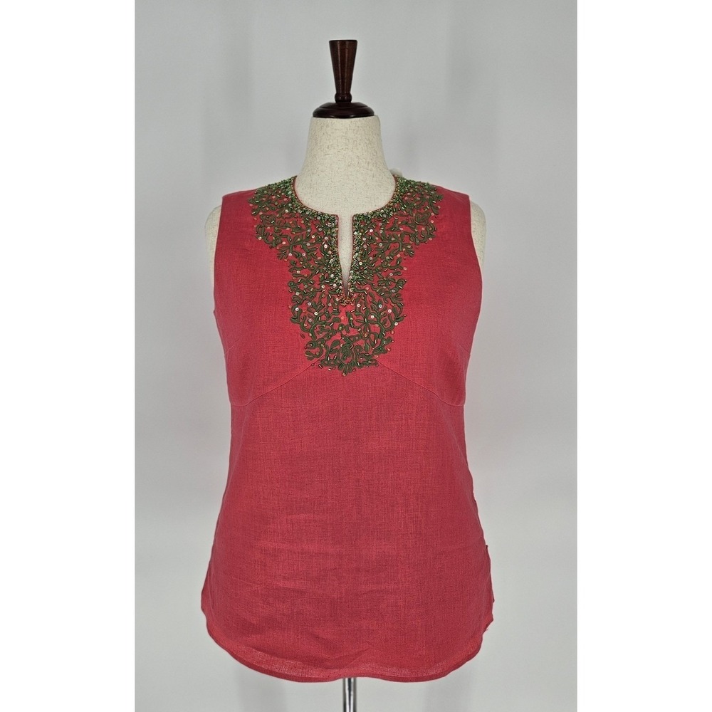NWT Lafayette 148 New York Linen Blouse Women 14 Petite Pink Hand-Beaded Luxury - Picture 2 of 9